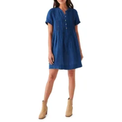 Pintucked Half-Buttoned Linen A-Line Mini Dress