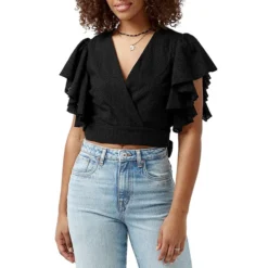 Kate Wrap-Front Frill-Sleeve Blouse