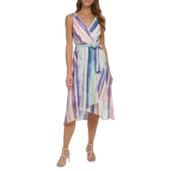 DKNY Stripe Faux-Wrap Midi Dress