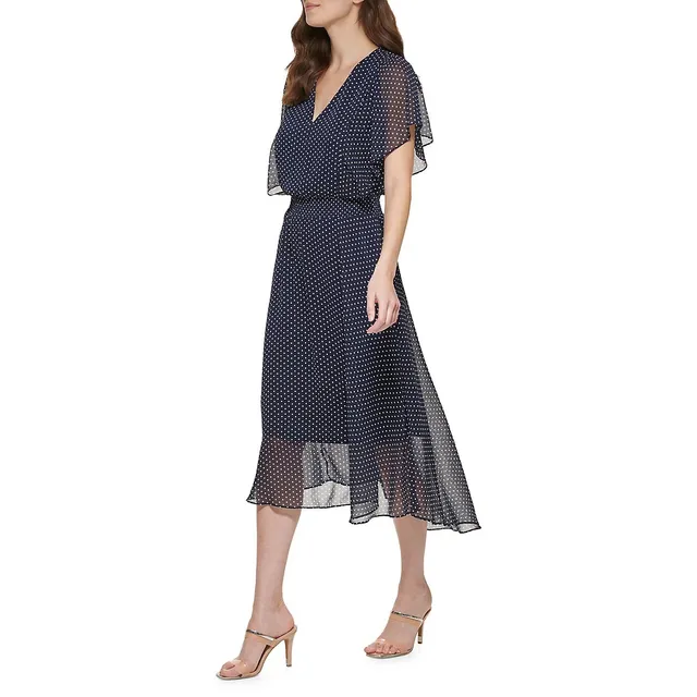 DKNY V-Neck Flutter-Sleeve Smocked-Waist Chiffon Midi Dress 5 DKNY V-Neck Flutter-Sleeve Smocked-Waist Chiffon Midi Dress - Image 3