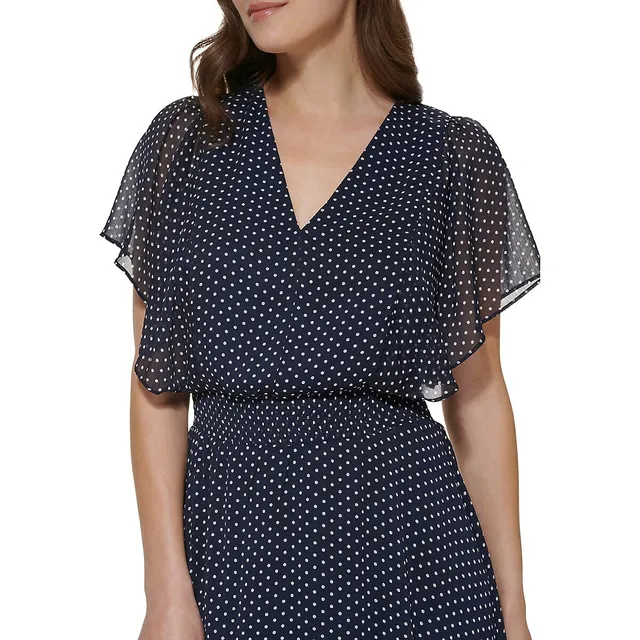 DKNY V-Neck Flutter-Sleeve Smocked-Waist Chiffon Midi Dress 6 DKNY V-Neck Flutter-Sleeve Smocked-Waist Chiffon Midi Dress - Image 4