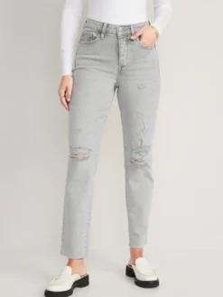 Old Navy High-Waisted Button-Fly OG Straight Ripped Gray Cut-Off Jeans For Women