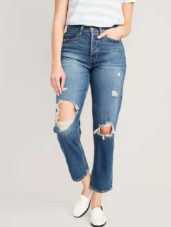 Old Navy Curvy Extra High-Waisted Sky-Hi Straight Button-Fly Ripped Jeans For Women