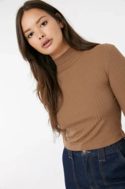 Ardene Ribbed Mock Neck Top In | Size | Polyester/Spandex