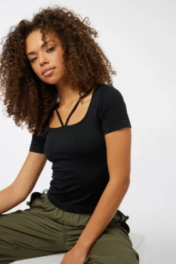 Ardene Seamless Short Sleeve Top With Strap Detail In Black | Size | Nylon/Spandex