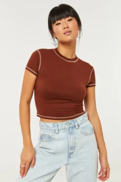 Ardene Contrast Stitching Cropped Tee In Beige | Size