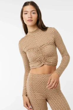 Ardene Ruched Front Mock Neck Top In Beige | Size | Polyester/Elastane