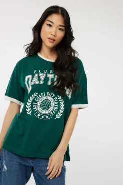 Ardene Graphic Oversized Ringer Tee In Dk. Green | Size | 100% Cotton