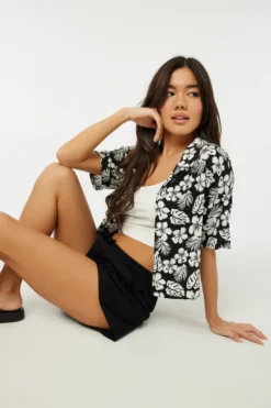 Ardene Hibiscus Camp Shirt In Black | Size | 100% Viscose