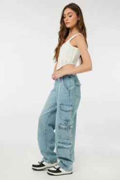 Ardene Low Rise Wide Leg Cargo Jeans In Med. Blue | Size | 100% Cotton