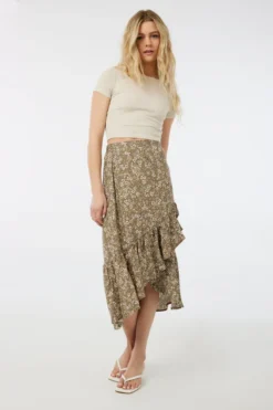 Ardene Printed Faux Wrap Maxi Skirt In Brown | Size | 100% Viscose