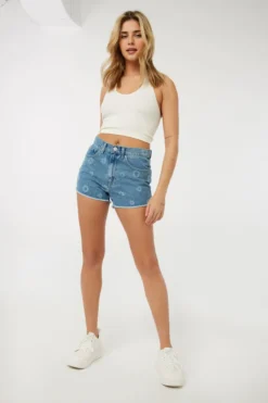 Ardene Denim Shorties With Artwork Detail In Blue | Size | 100% Cotton