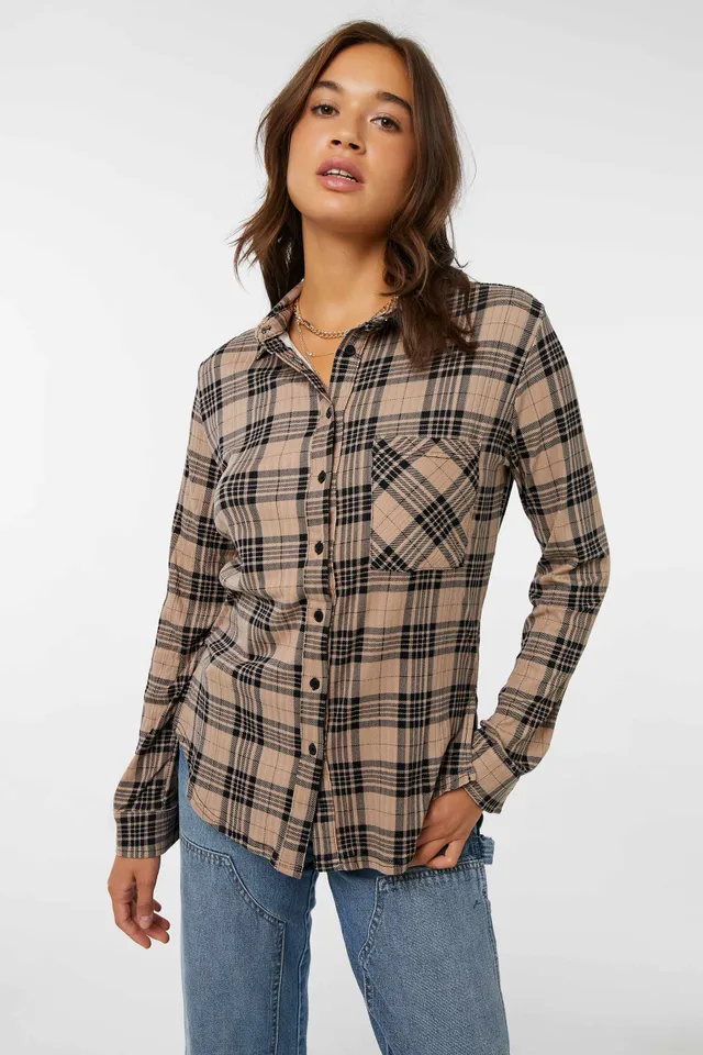 Ardene Plaid Oversized Shirt In Beige | Size | Polyester/Spandex 3 Ardene Plaid Oversized Shirt In Beige | Size | Polyester/Spandex