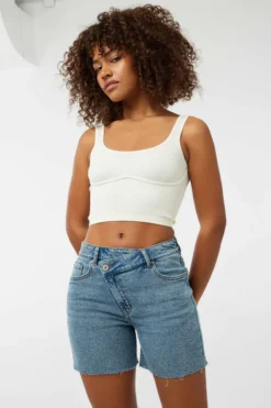 Ardene Midi Denim Shorts With Asymmetrical Waist In Med. Blue | Size | Spandex/Cotton