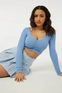 Ardene Center-Ruched Ultra Crop Top In Med. Blue | Size | Polyester/Rayon/Elastane