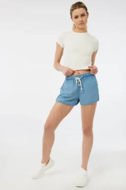 Ardene Chambray Dolphin Shorts In Lt. Blue | Size