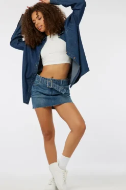 Ardene Mini Denim Skirt With Belt In Med. Blue | Size | Spandex/Cotton