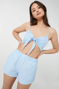 Ardene Gingham Seersucker Shorts In Blue | Size | Polyester