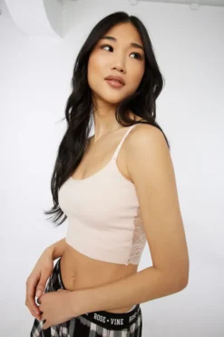 Ardene Seamless Rib Crop Top With Lace At Back In Lt. Pink | Size | Spandex/Polyamide