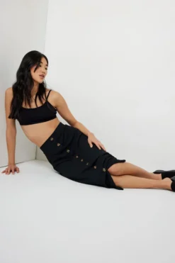 Ardene Midi A-Line Skirt With Buttons In Black | Size | Polyester/Spandex