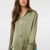 Ardene Long Satin Shirt In Khaki | Size | Polyester