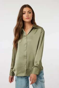 Ardene Long Satin Shirt In Khaki | Size | Polyester