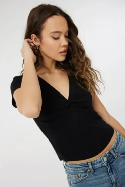 Ardene Twisted V-Neck Tee In | Size | Spandex/Cotton