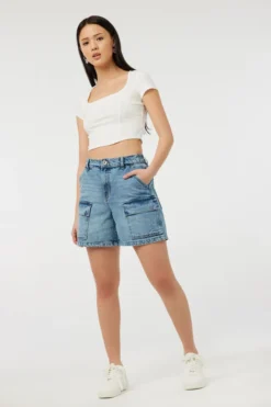 Ardene High Rise Denim Cargo Shorts In Med. Blue | Size | 100% Cotton