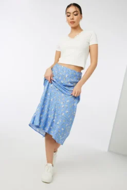 Ardene Floral Midi Skirt In Med. Blue | Size | 100% Viscose