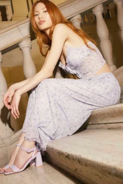 Ardene A.C.W. Floral Maxi Mesh Skirt In Lilac | Size | Polyester/Spandex