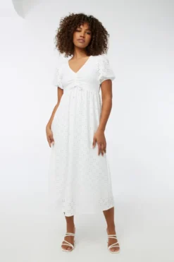 Ardene Eyelet Lace Puff Sleeve Midi Dress In White | Size | Polyester/Spandex