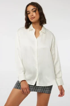 Ardene Long Satin Shirt In White | Size | Polyester