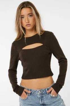 Ardene Cutout Long Sleeve Top In Brown | Size | Polyester/Rayon/Spandex
