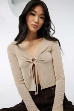 Ardene A.C.W. Tie Front Crop Top In Beige | Size | Polyester/Elastane