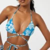 Ardene Beaded Tie Waist Triangle Bikini Top In Med. Blue | Size | Polyester/Nylon/Spandex | Microfiber