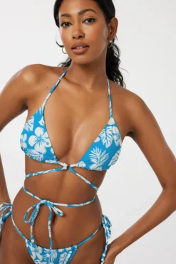 Ardene Beaded Tie Waist Triangle Bikini Top In Med. Blue | Size | Polyester/Nylon/Spandex | Microfiber