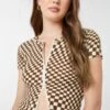 Ardene Checkerboard 2-Way Zip Tee In Brown | Size | Polyester/Elastane