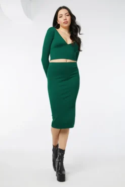 Ardene Midi Ribbed Pencil Skirt In Dk. Green | Size | Nylon/Spandex