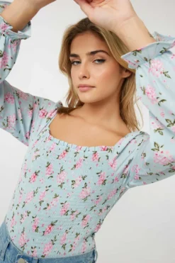 Ardene Floral Smocked Blouse In Lt. Blue | Size | Polyester