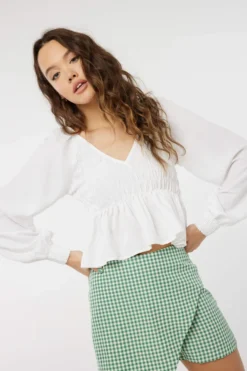 Ardene Smocked Long Sleeve Blouse In White | Size | Rayon