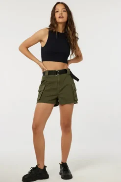 Ardene High Rise Cargo Shorts With Belt In Khaki | Size | Spandex/Cotton