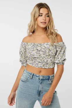 Ardene Ultra Crop Puff Sleeve Top With Shirring Detail | Size | Rayon