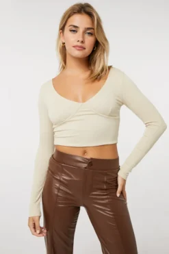 Ardene Super Soft Long Sleeve Bustier Top In Beige | Size | Polyester/Spandex